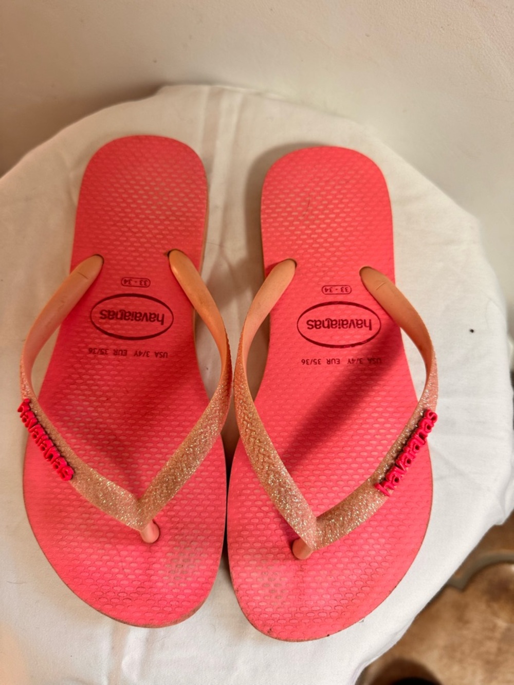 Havaianas Bright Coral Pink Flip Flops with Sparkle Champagne Straps